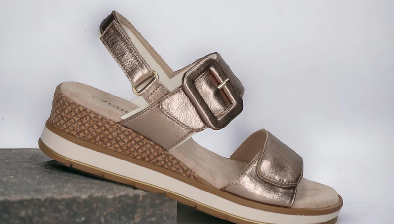 Caprice Ladies Low Wedge Open Sandal 28753-42 in Taupe Metallic Leather