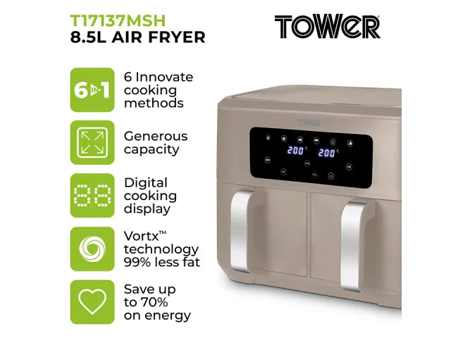 Tower Vortx Dual Air Fryer 8.5L Latte T17137MSH