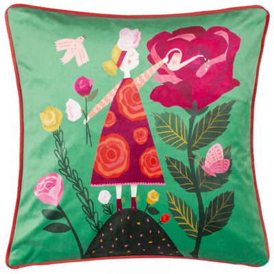 Kate Merritt Flower Girl Illustrated Cushion Green