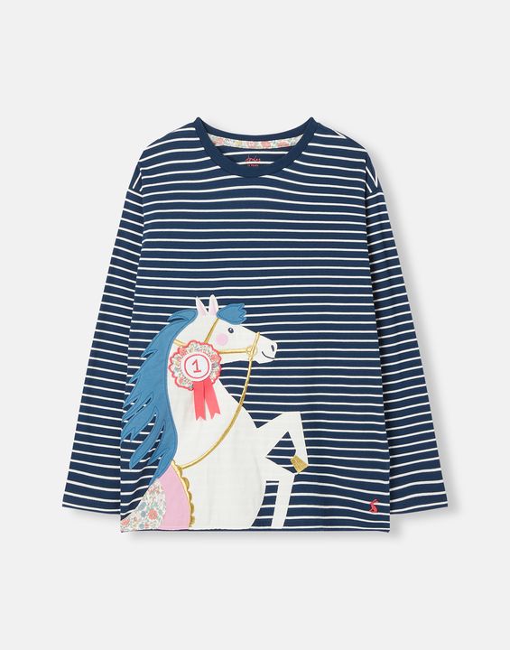 Joules Girls Ava Long Sleeve T-Shirt - Navy Cream Stripe