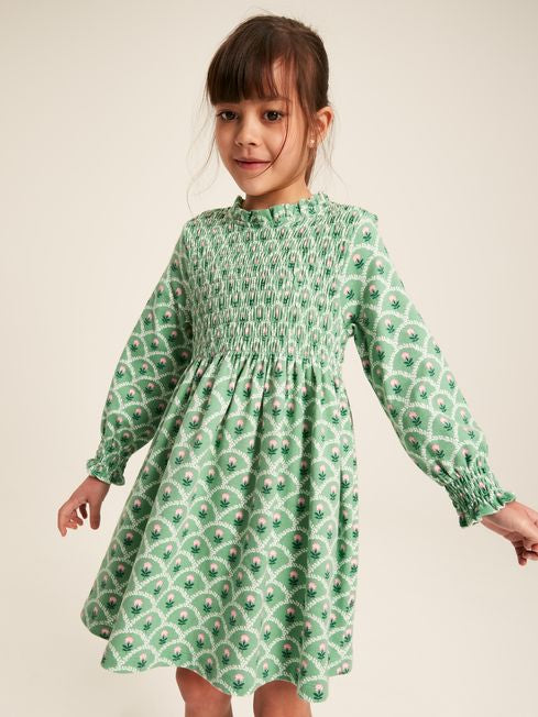 Joules Girls Gracie Green Cotton Shirred Floral Dress