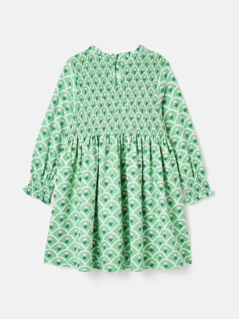 Joules Girls Gracie Green Cotton Shirred Floral Dress