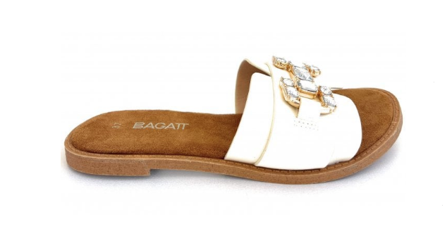 Bagatt Ladies Slide D31-A7C95 Goldy White, Flat Mule with Jewel Trim