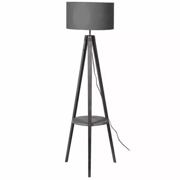 Grey wooden tripod floor lamp with shelf