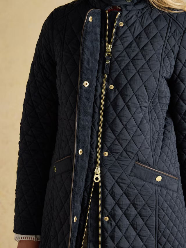 Joules Women’s Rosewell Navy Longline Diamond Quilted Showerproof Coat with Collar
