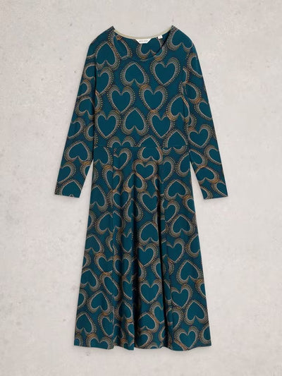 White Stuff Women’s Madeline Jersery Crew Neck Dress in Teal Multi