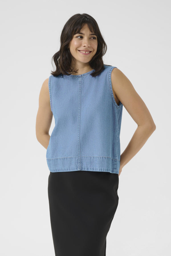Kaffe Women’s KAluise Sleeveless Blouse in Medium Blue Chambray