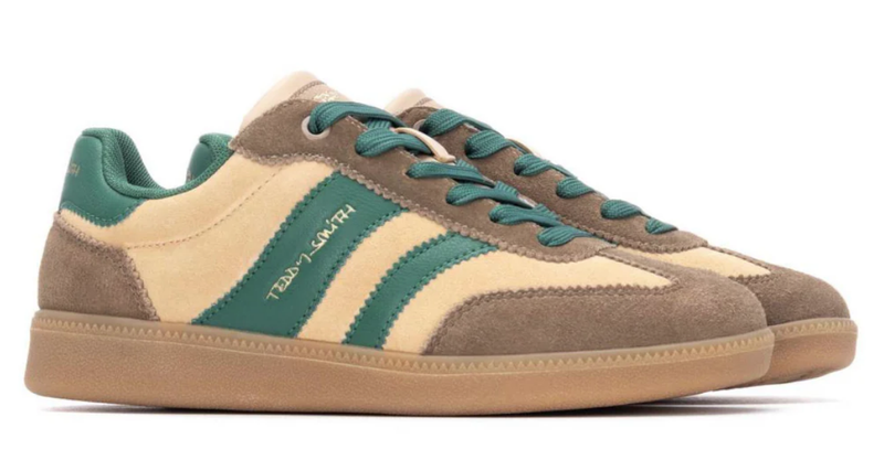 Teddy Smith Ladies Trainers 120235 in Z Serr Beige Suede Lace Up with green detail