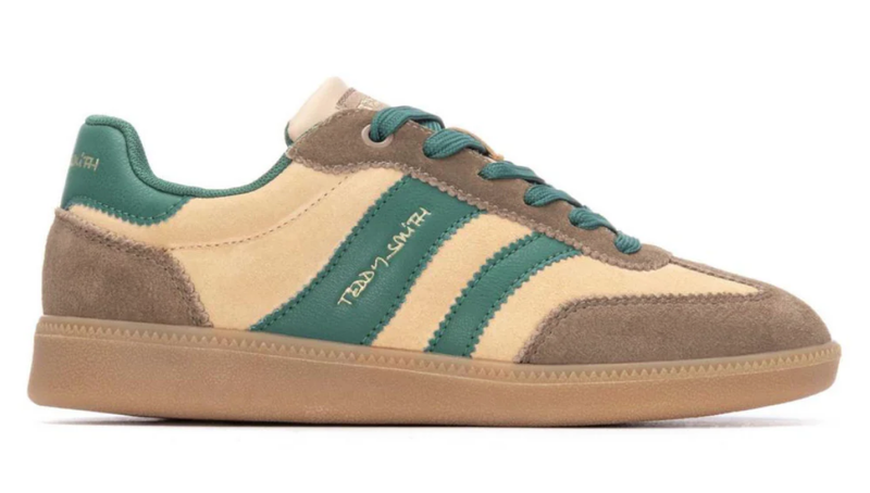 Teddy Smith Ladies Trainers 120235 in Z Serr Beige Suede Lace Up with green detail