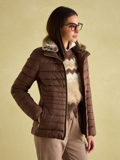 Joules Beckley Brown Padded Showerproof Jacket with Faux Fur Trim