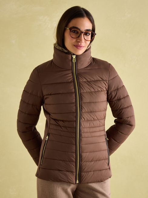 Joules Beckley Brown Padded Showerproof Jacket with Faux Fur Trim