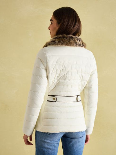 Joules Beckley White Padded Showerproof Jacket with Faux Fur Trim