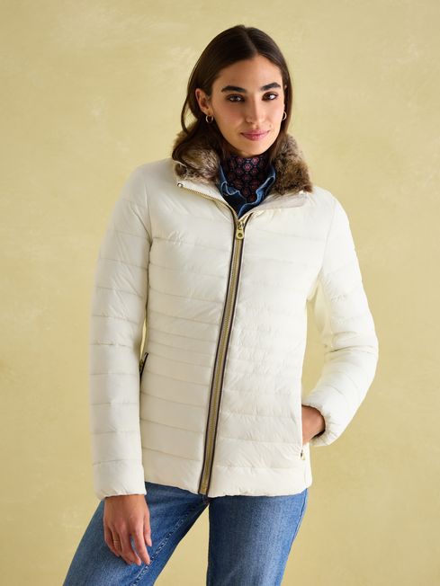 Joules Beckley White Padded Showerproof Jacket with Faux Fur Trim