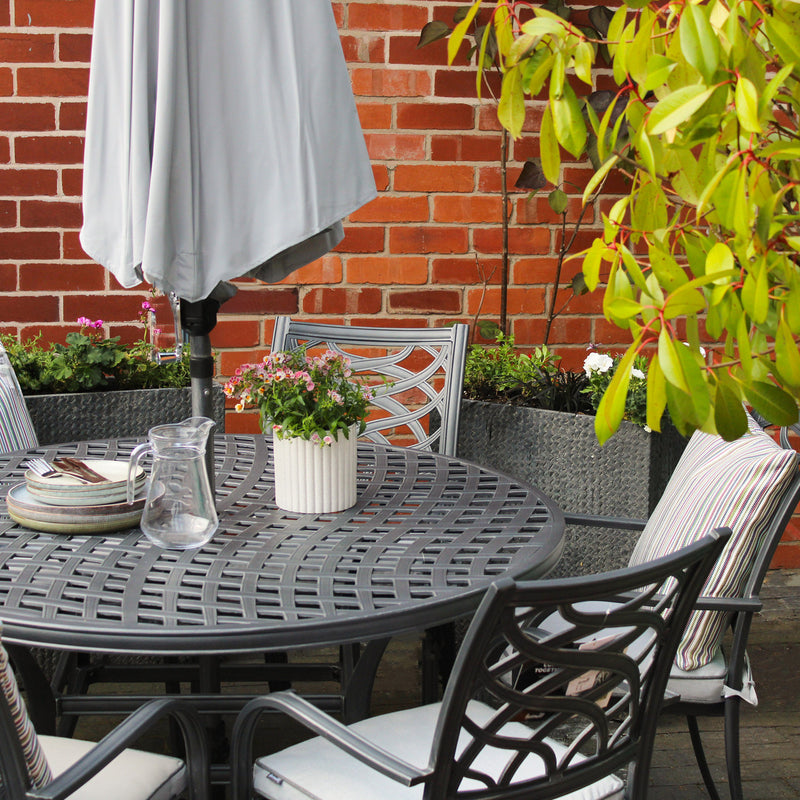 Hartman Tuscany 6 Seater Cast Aluminium Dining Garden Furniture Set With 2.5m Parasol & Base