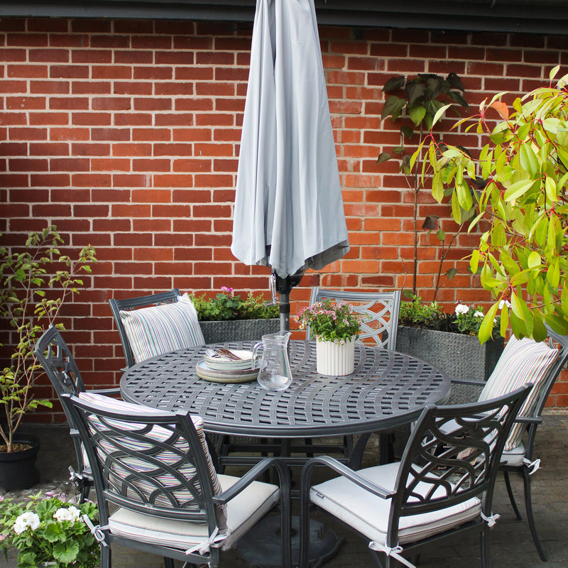 Hartman Tuscany 6 Seater Cast Aluminium Dining Garden Furniture Set With 2.5m Parasol & Base