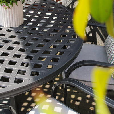 Hartman Tuscany 6 Seater Cast Aluminium Dining Garden Furniture Set With 2.5m Parasol & Base