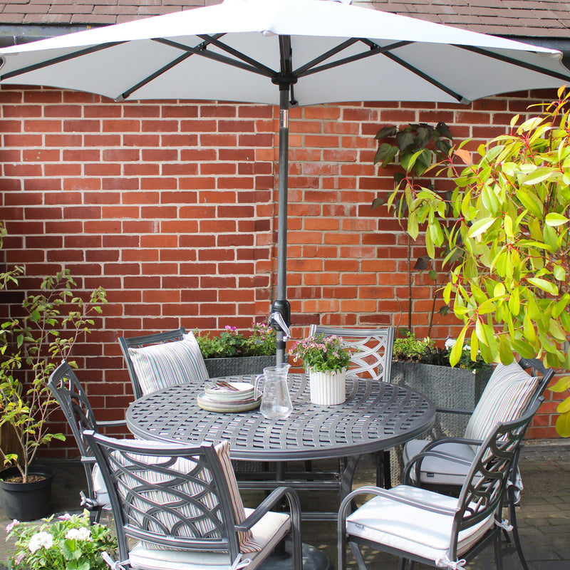 Hartman Tuscany 6 Seater Cast Aluminium Dining Garden Furniture Set With 2.5m Parasol & Base
