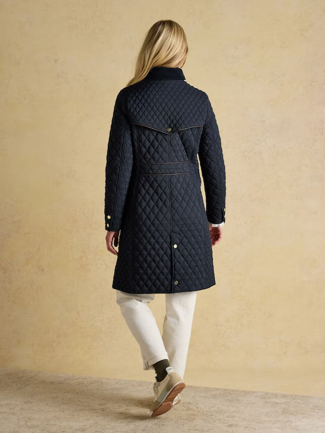 Joules Women’s Rosewell Navy Longline Diamond Quilted Showerproof Coat with Collar