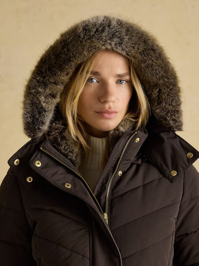 Joules Women’s Aspen Brown Showerproof Padded Coat with Faux Fur Hood
