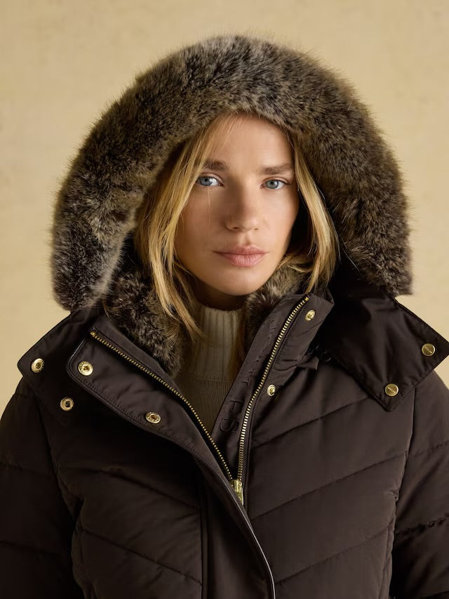Joules Women’s Aspen Brown Showerproof Padded Coat with Faux Fur Hood