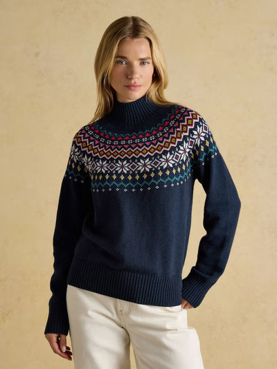 Joules Women’s Alba Navy Fairisle High Neck Cotton-Blend Jumper