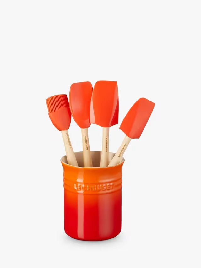 Le Creuset Stoneware Kitchen Utensils and 1.1L Holder Set, 5 Piece Volcanic Flame