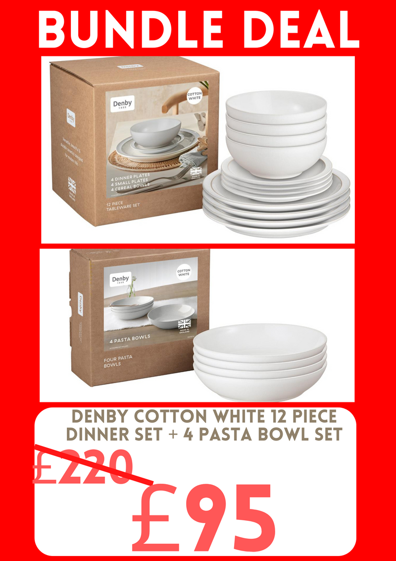 Bundle Deal Denby Cotton White 12 Piece Tableware Set & 4 Piece Pasta Bowl Set