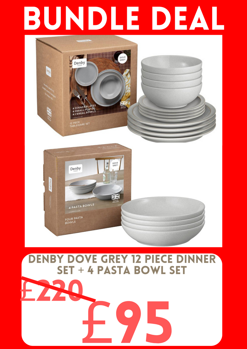 Bundle Deal Denby Dove Grey 12 Piece Tableware Set & 4 Piece Pasta Bowl Set