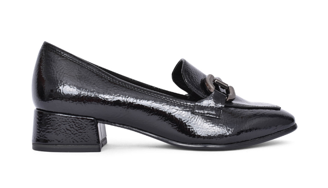 Tamaris Ladies Block Heel Loafers 24316-43 in Black Patent plus Buckle