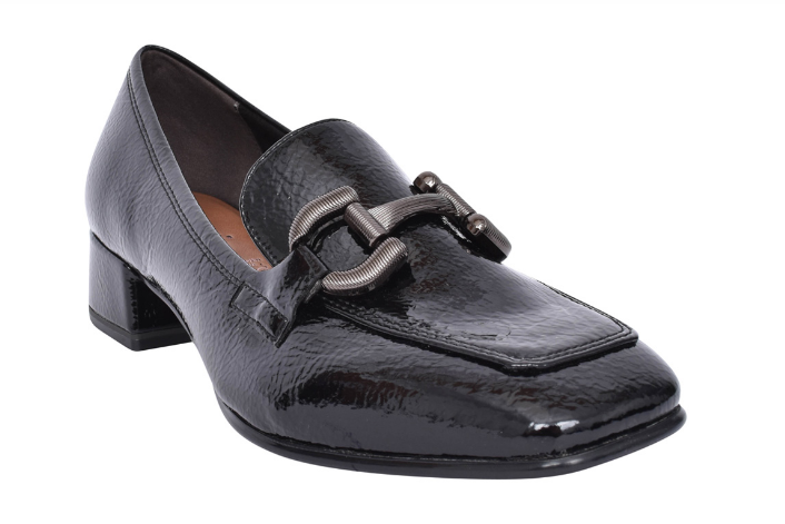 Tamaris Ladies Block Heel Loafers 24316-43 in Black Patent plus Buckle