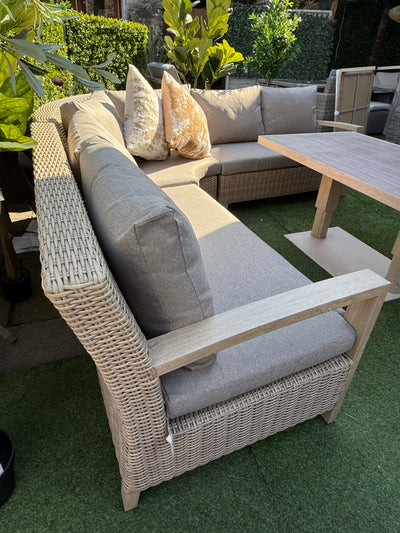 Vienna Large Curved Corner Sofa Set Wood Effect Aluminium Furniture Set With Easy Rise and Fall Table