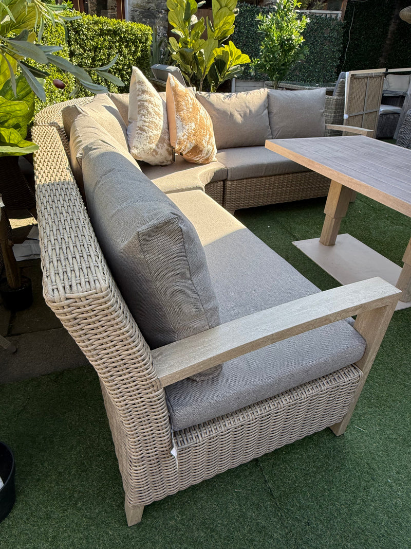 Vienna Large Curved Corner Sofa Set Wood Effect Aluminium Furniture Set With Easy Rise and Fall Table