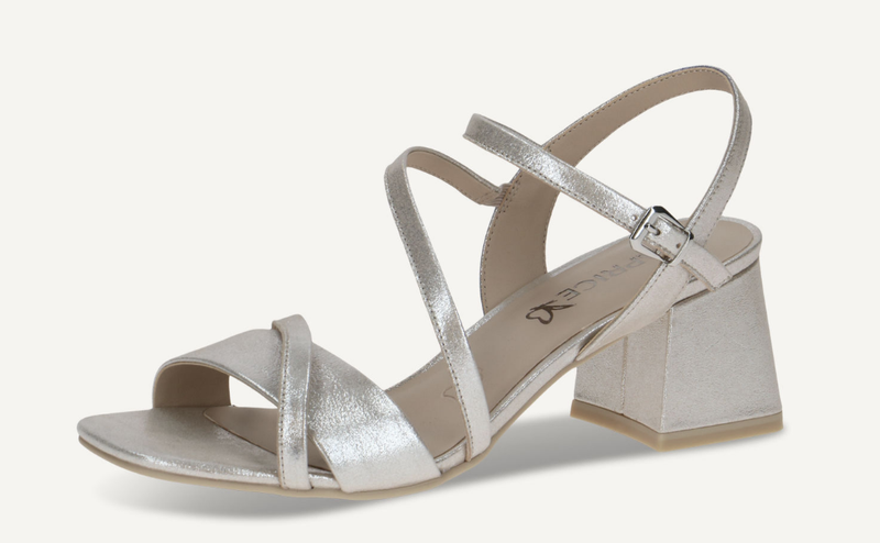 Caprice Ladies Block Heel Open Sandal 28300-44 in Taupe Metallic