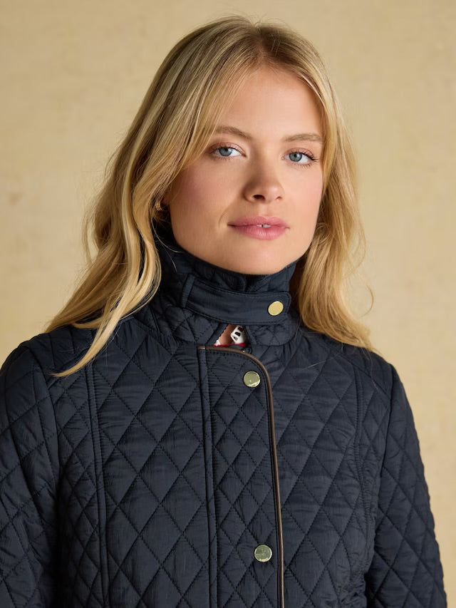 Joules Women’s Rosewell Navy Longline Diamond Quilted Showerproof Coat with Collar