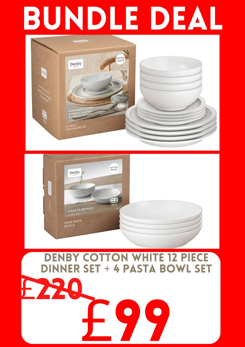Bundle Deal Denby Cotton White 12 Piece Tableware Set & 4 Piece Pasta Bowl Set