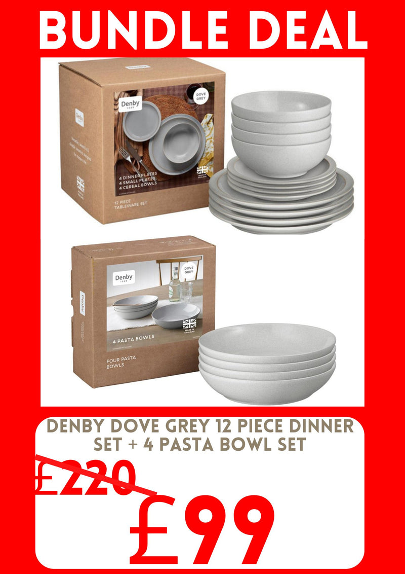 Bundle Deal Denby Dove Grey 12 Piece Tableware Set & 4 Piece Pasta Bowl Set