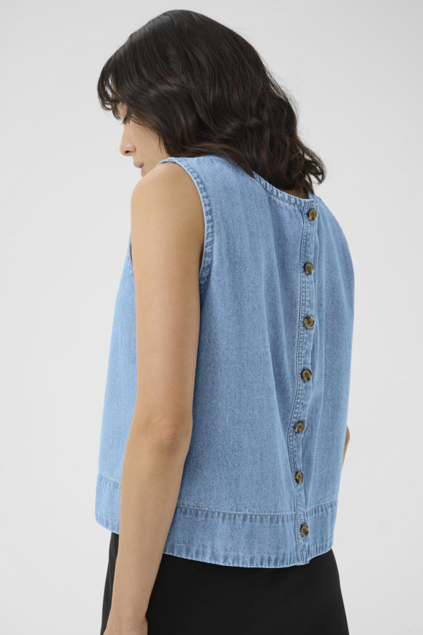 Kaffe Women’s KAluise Sleeveless Blouse in Medium Blue Chambray