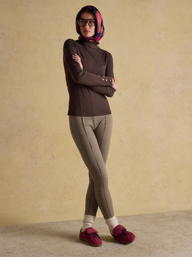 Joules Women’s Amy Hot Fudge Chocolate Brown Long Sleeve High Frill Neck Jersey Top