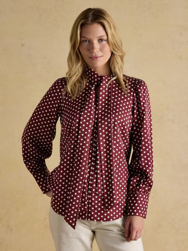 Joules Women’s Tabby Burgundy Red Tie Neck Long Sleeve Blouse with Button Fastening