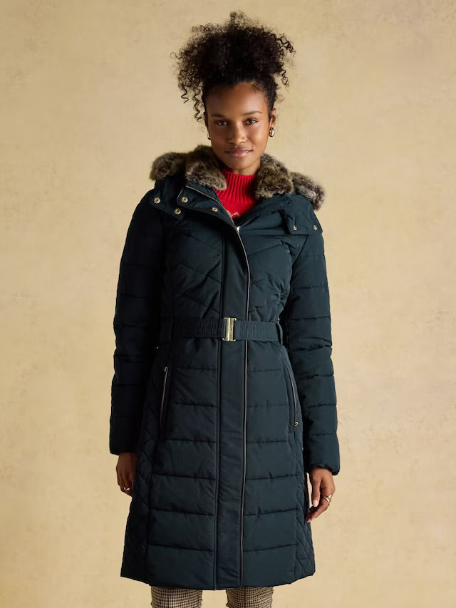 Joules Women’s Aspen Navy Showerproof Longline Padded Coat with Faux Fur Hood