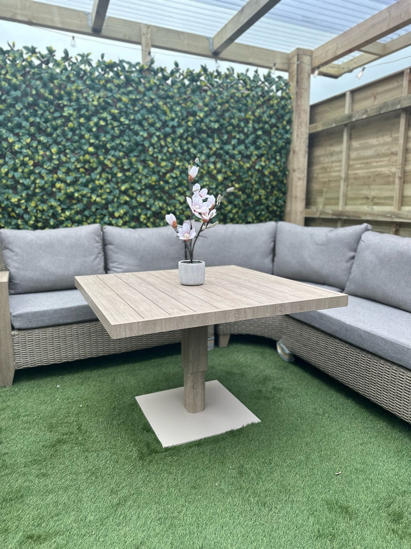 Back in stock July Pre Order Now - Vienna Large Curved Corner Sofa Set Wood Effect Aluminium Furniture Set With Easy Rise and Fall Table, Outdoor & Indoor