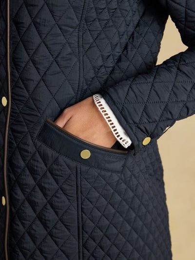 Joules Women’s Rosewell Navy Longline Diamond Quilted Showerproof Coat with Collar