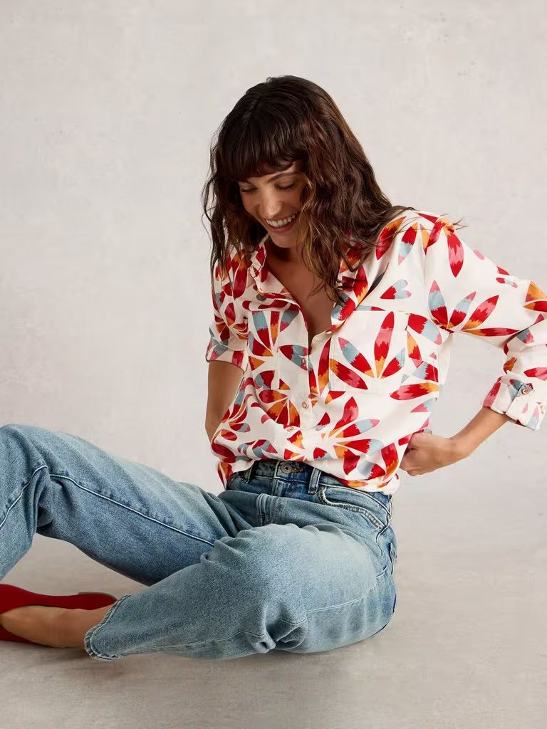 White Stuff Women’s Sophie Long Sleeve Organic Cotton Shirt - Ivory Print