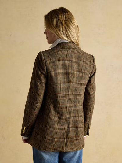 Joules Women’s Hackmore Brown Check Relaxed Fit Tweed Blazer With Wool