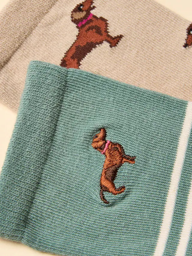 Joules Everyday 2 Pack Socks - Khaki/Cream Dash