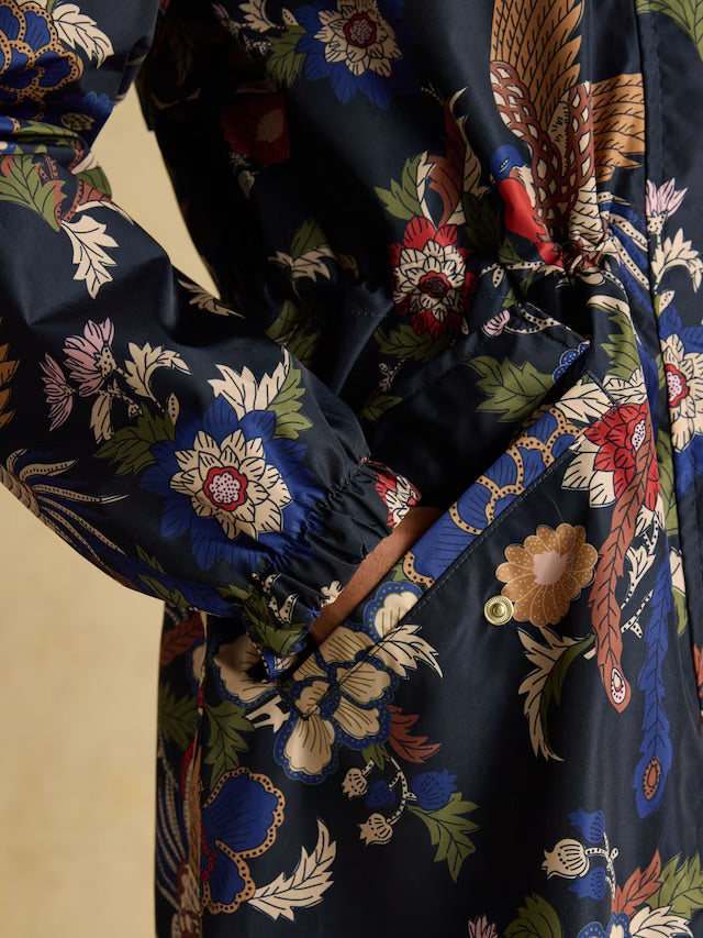 Joules Women’s Holkham Navy Bird Floral Waterproof Packable Raincoat With Hood