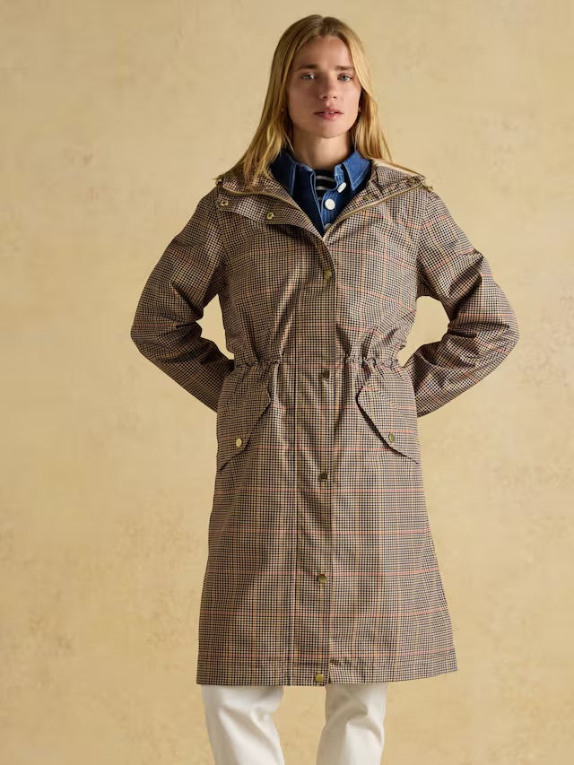 Joules Women’s Holkham Brown Check Waterproof Packable Raincoat With Hood in Brown Check