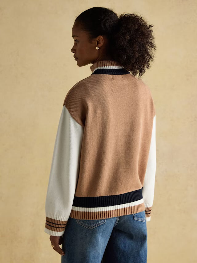 Joules Women’s Varsity Brown/Cream Colourblock Quarter Zip Cotton Jumper