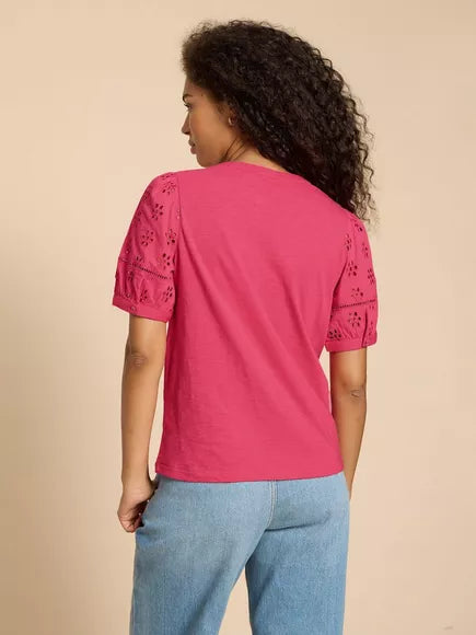 WHITE STUFF BELLA BRODERIE MIX TOP IN MID PINK