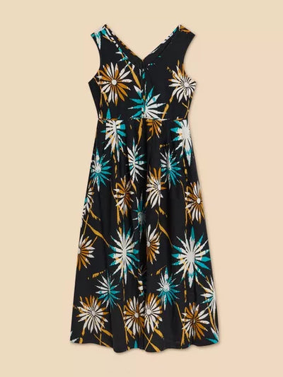 White Stuff GIGI LINEN BLEND MAXI DRESS IN BLACK PRINT